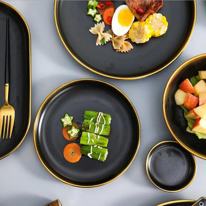 Black/Gold Ceramic Plates & Cutlery Set