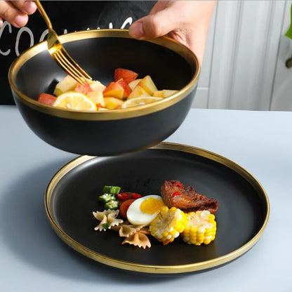 Black/Gold Ceramic Plates & Cutlery Set