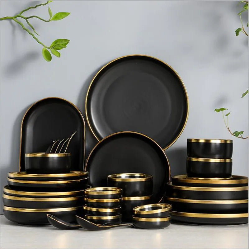 Black/Gold Ceramic Plates & Cutlery Set