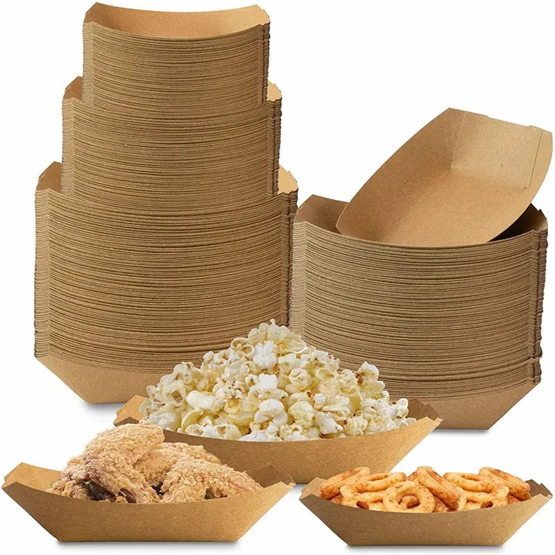 50pcs/Pack Heavy Duty Disposable Brown Paper Food Trays - Grease Resistant