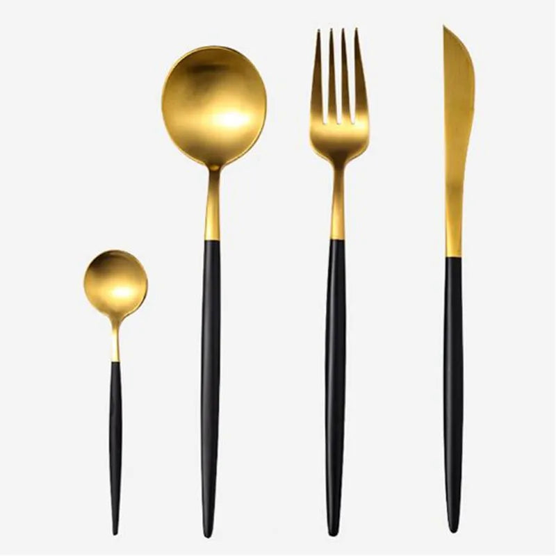 Black/Gold Ceramic Plates & Cutlery Set