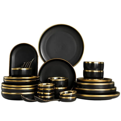 Black/Gold Ceramic Plates & Cutlery Set