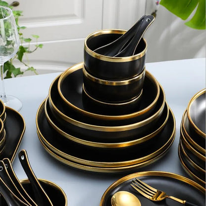 Black/Gold Ceramic Plates & Cutlery Set