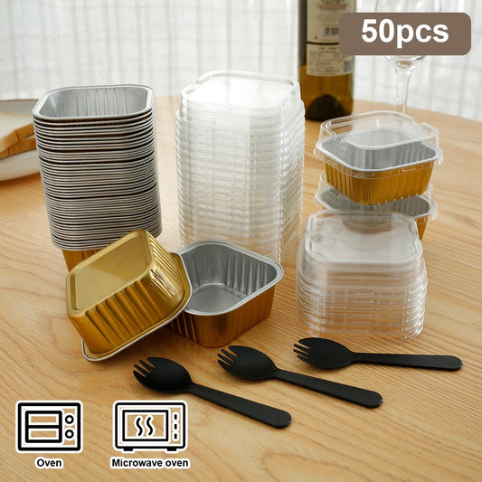 50/100-Piece Aluminum Takeout Containers with Lids & Spoons