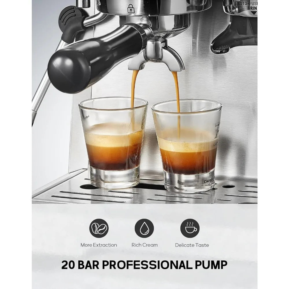 Espresso Machine with Milk Frother Steam Wand, Built-In Grinder & Low Pressure Pre-Soaking, Semi-Automatic Coffee Maker