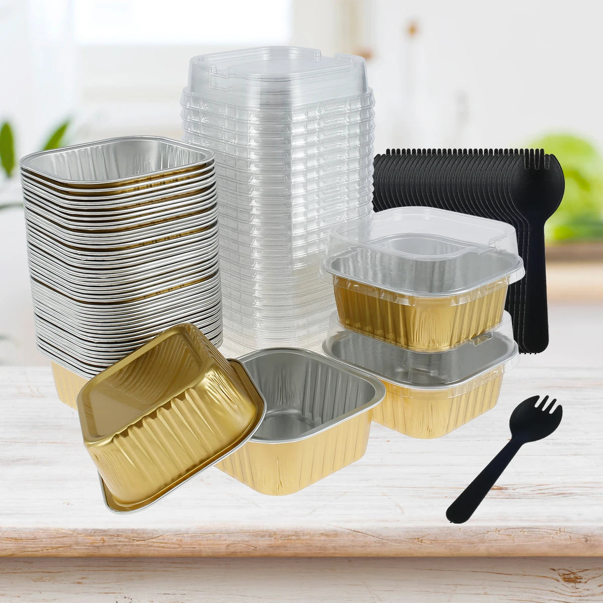 50/100-Piece Aluminum Takeout Containers with Lids & Spoons