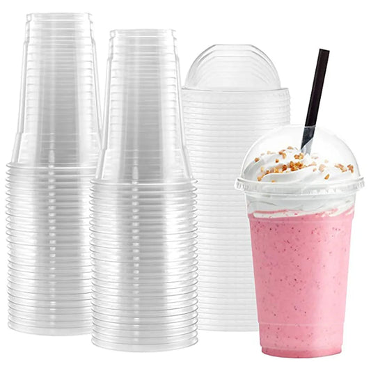 100PCS 15oz Plastic Cups with Dome/Flat Lids for Cold Drink