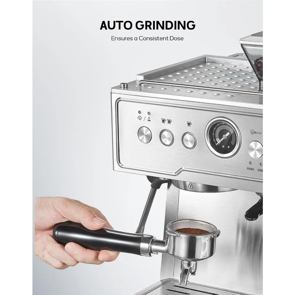 Espresso Machine with Milk Frother Steam Wand, Built-In Grinder & Low Pressure Pre-Soaking, Semi-Automatic Coffee Maker